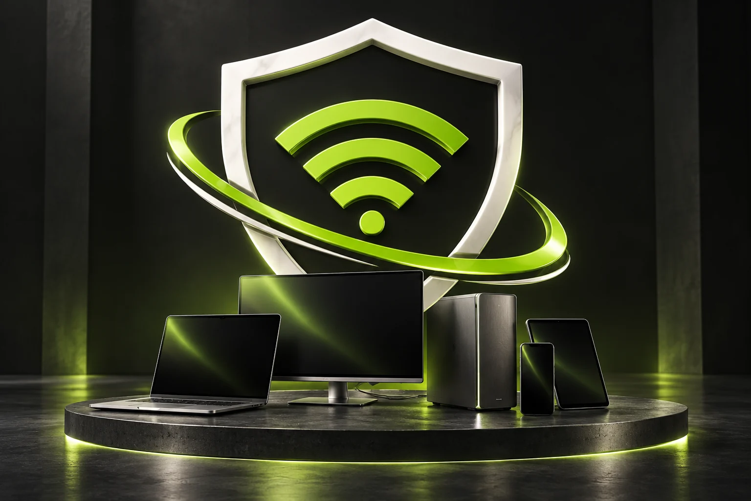 Conceptual rendering of the BlanTech shield protecting computers, a tablet, and a phone