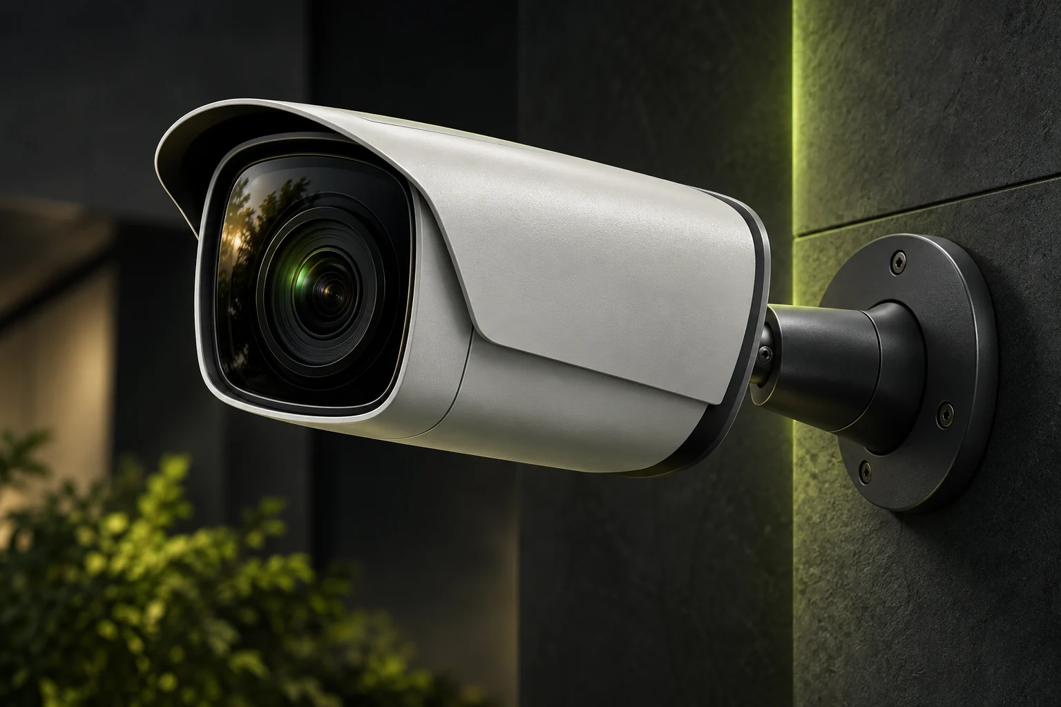 Conceptual product illustration of a modern security camera against a charcoal building facade