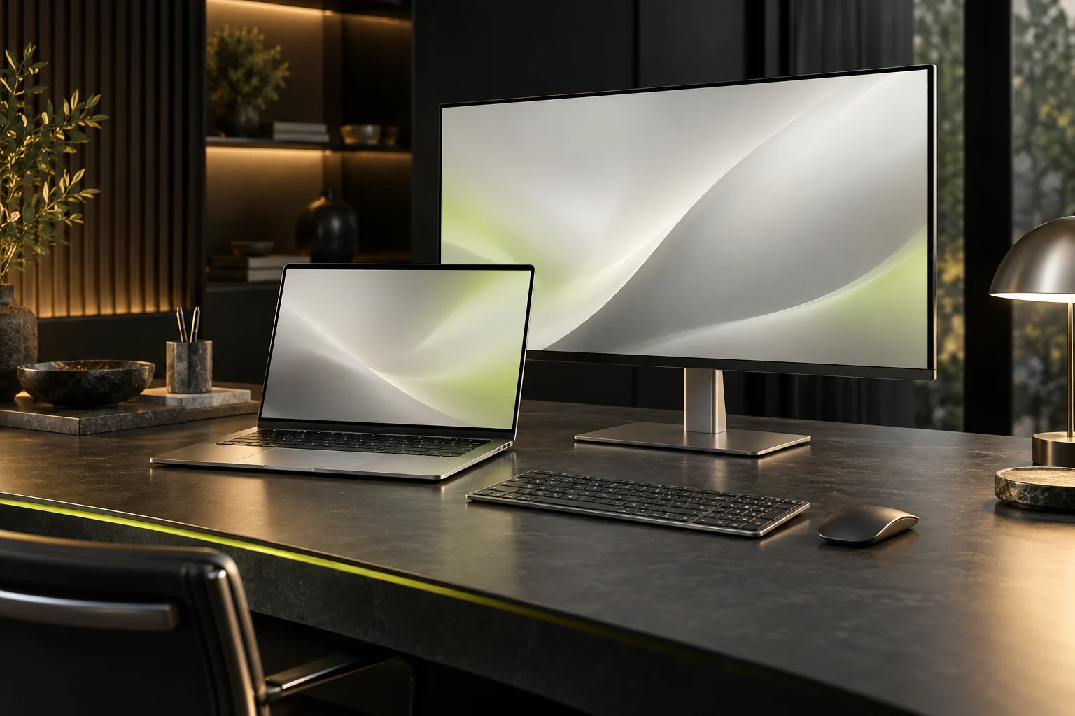 Conceptual illustration of a modern business workstation with a laptop, monitor, and keyboard