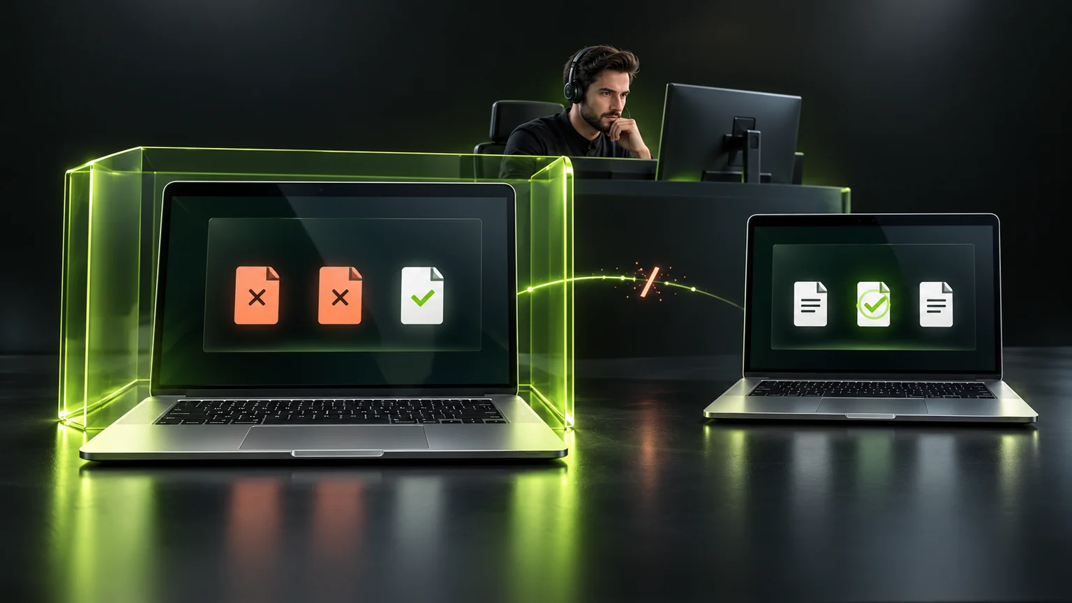 Conceptual 3D thumbnail inspired by the explainer: an isolated computer, a second device, and a security specialist