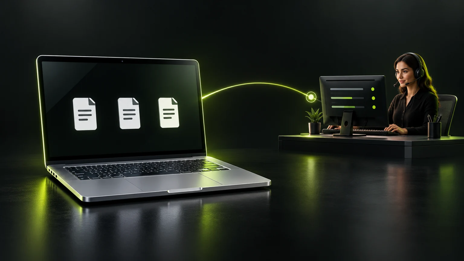 Conceptual 3D thumbnail inspired by the explainer: a business laptop connected to a remote support specialist